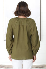 Ingra Blouse - Linen Blend V Neck Button Down Blouse in Olive