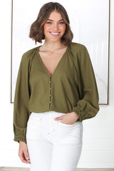 Ingra Blouse - Linen Blend V Neck Button Down Blouse in Olive