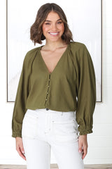 Ingra Blouse - Linen Blend V Neck Button Down Blouse in Olive