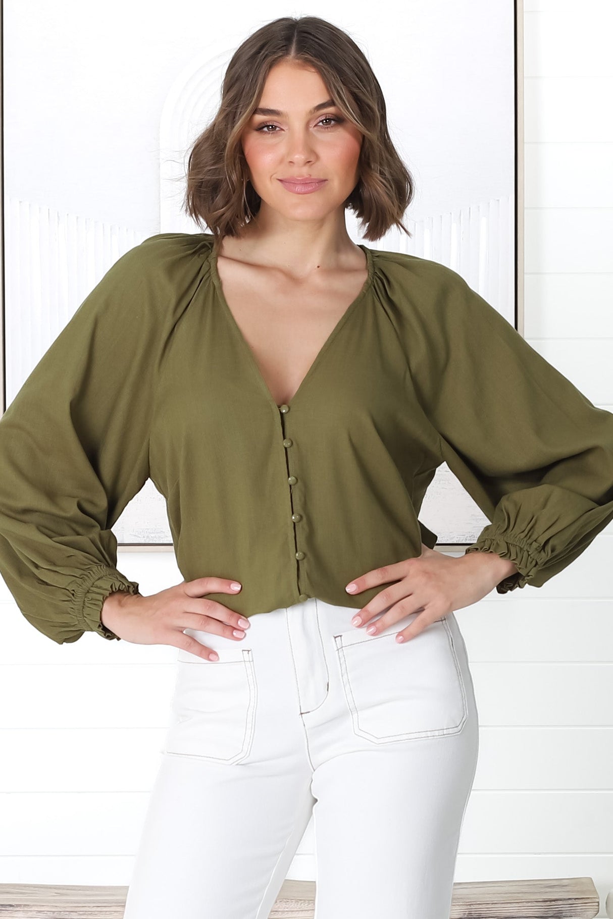 Ingra Blouse - Linen Blend V Neck Button Down Blouse in Olive