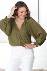 Ingra Blouse - Linen Blend V Neck Button Down Blouse in Olive