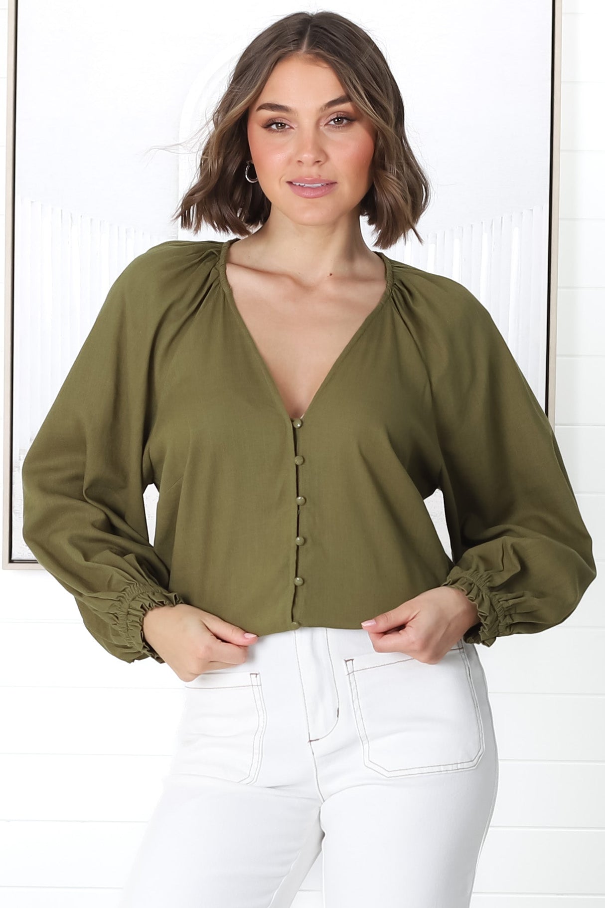 Ingra Blouse - Linen Blend V Neck Button Down Blouse in Olive