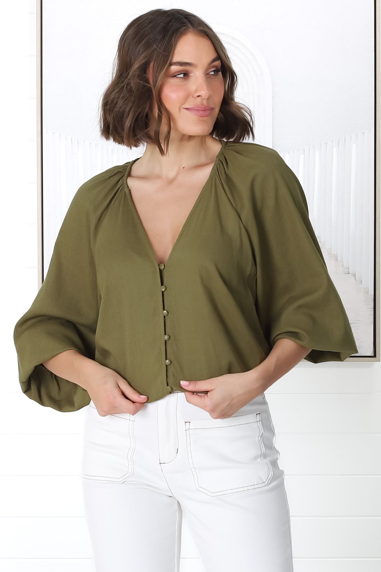 Ingra Blouse - Linen Blend V Neck Button Down Blouse in Olive