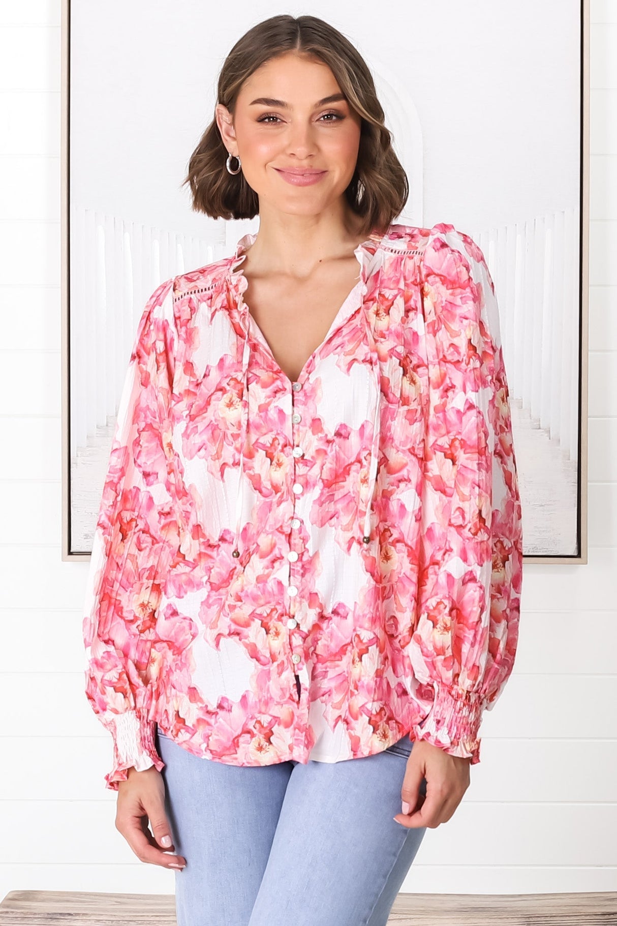 Moree Blouse - Frill Collar Neck Tie Button Down Blouse in Franc Print Pink