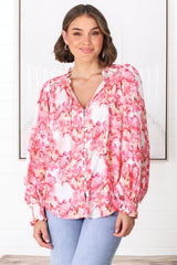 Moree Blouse - Frill Collar Neck Tie Button Down Shirt in Franc Print Pink