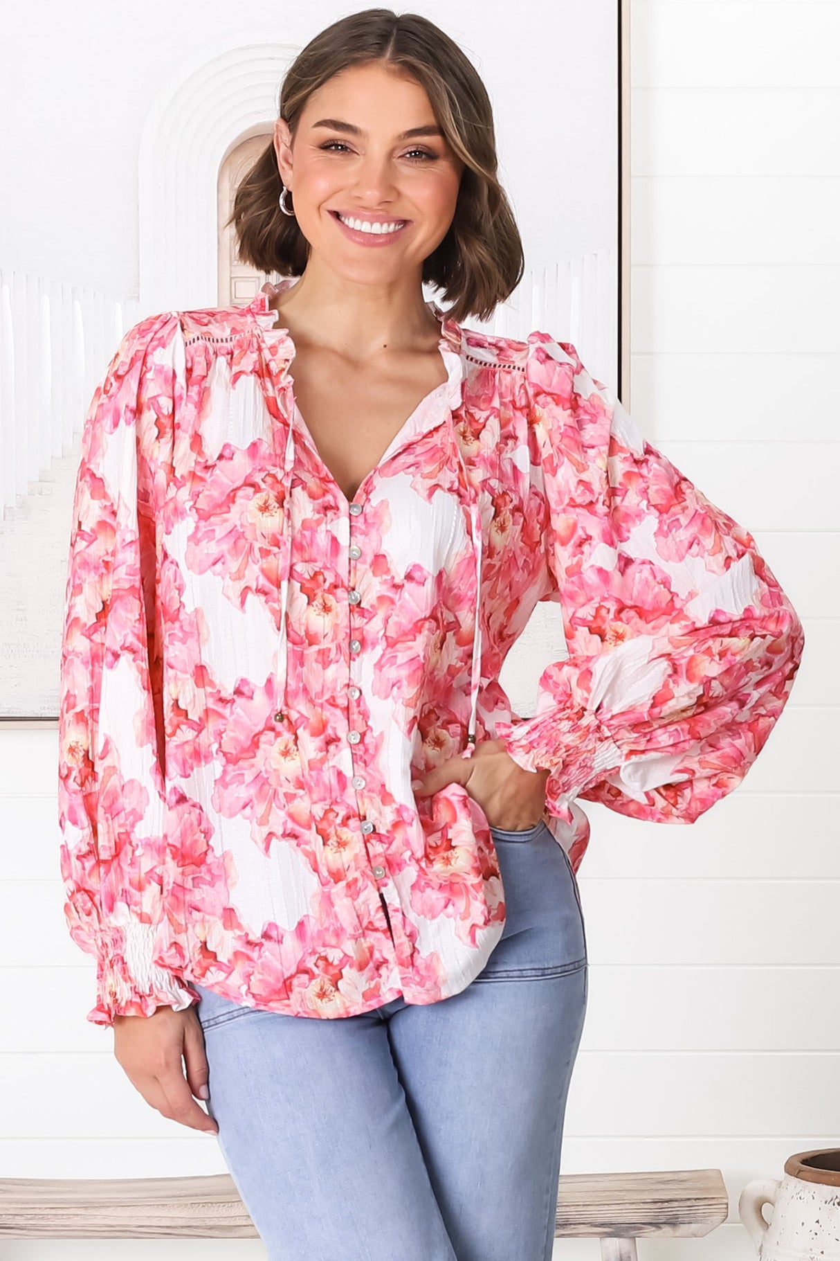 Moree Blouse - Frill Collar Neck Tie Button Down Shirt in Franc Print Pink