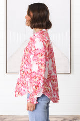 Moree Blouse - Frill Collar Neck Tie Button Down Shirt in Franc Print Pink