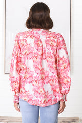 Moree Blouse - Frill Collar Neck Tie Button Down Blouse in Franc Print Pink