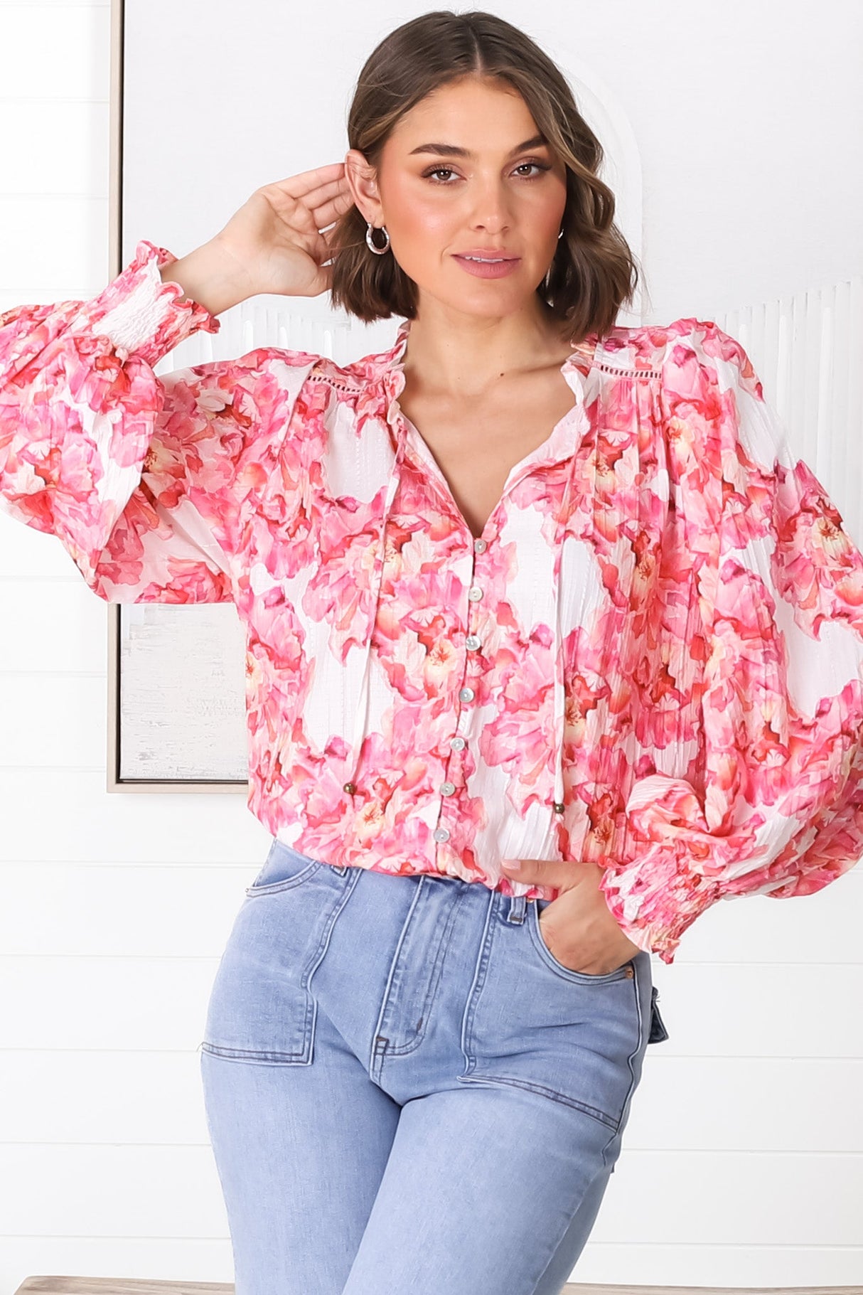 Moree Blouse - Frill Collar Neck Tie Button Down Shirt in Franc Print Pink