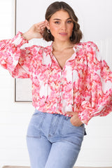 Moree Blouse - Frill Collar Neck Tie Button Down Blouse in Franc Print Pink