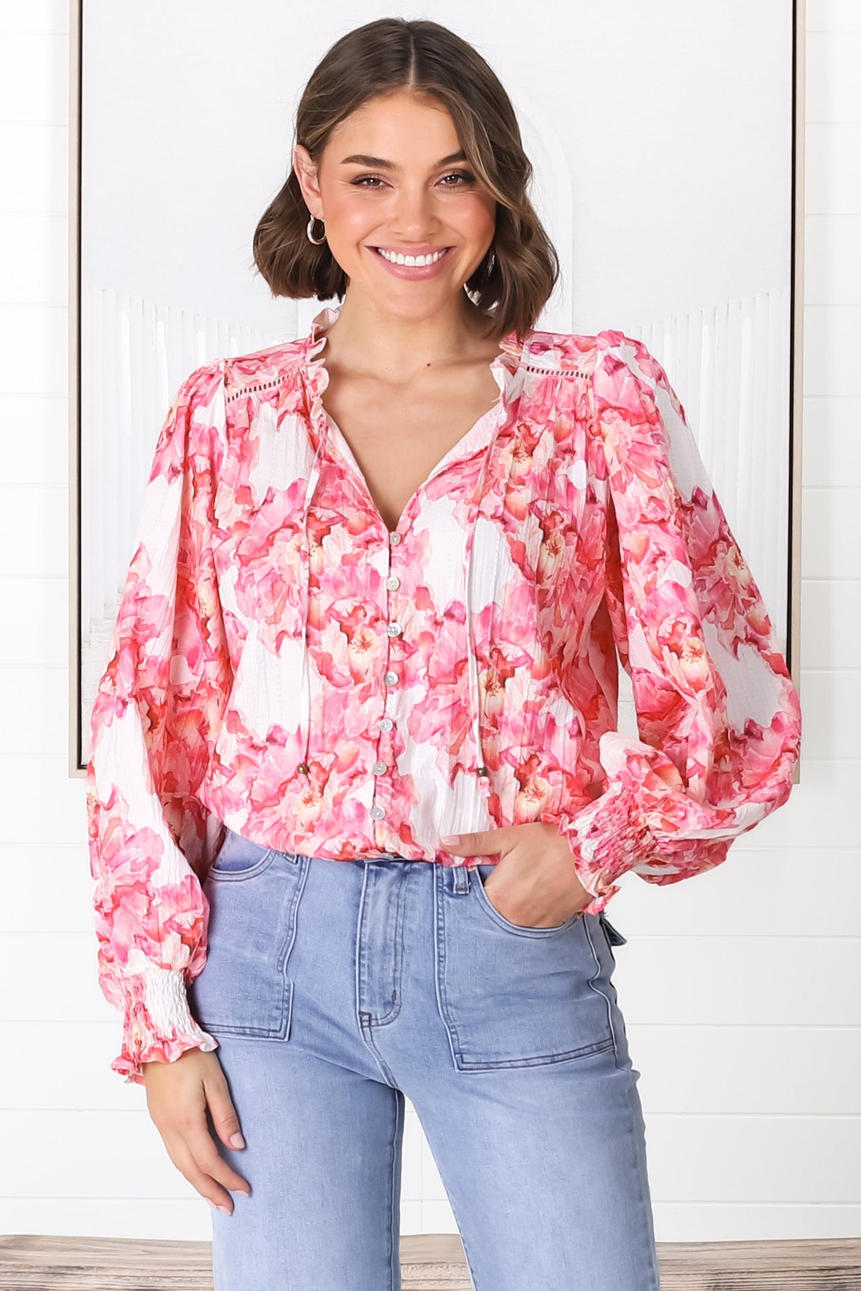 Moree Blouse - Frill Collar Neck Tie Button Down Blouse in Franc Print Pink