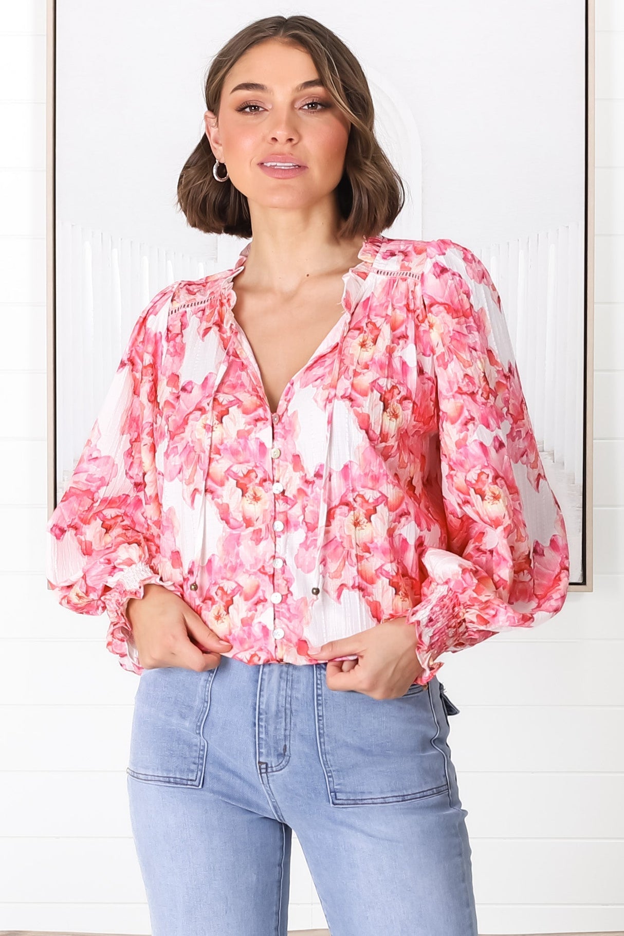 Moree Blouse - Frill Collar Neck Tie Button Down Blouse in Franc Print Pink