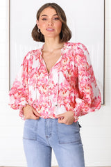 Moree Blouse - Frill Collar Neck Tie Button Down Blouse in Franc Print Pink