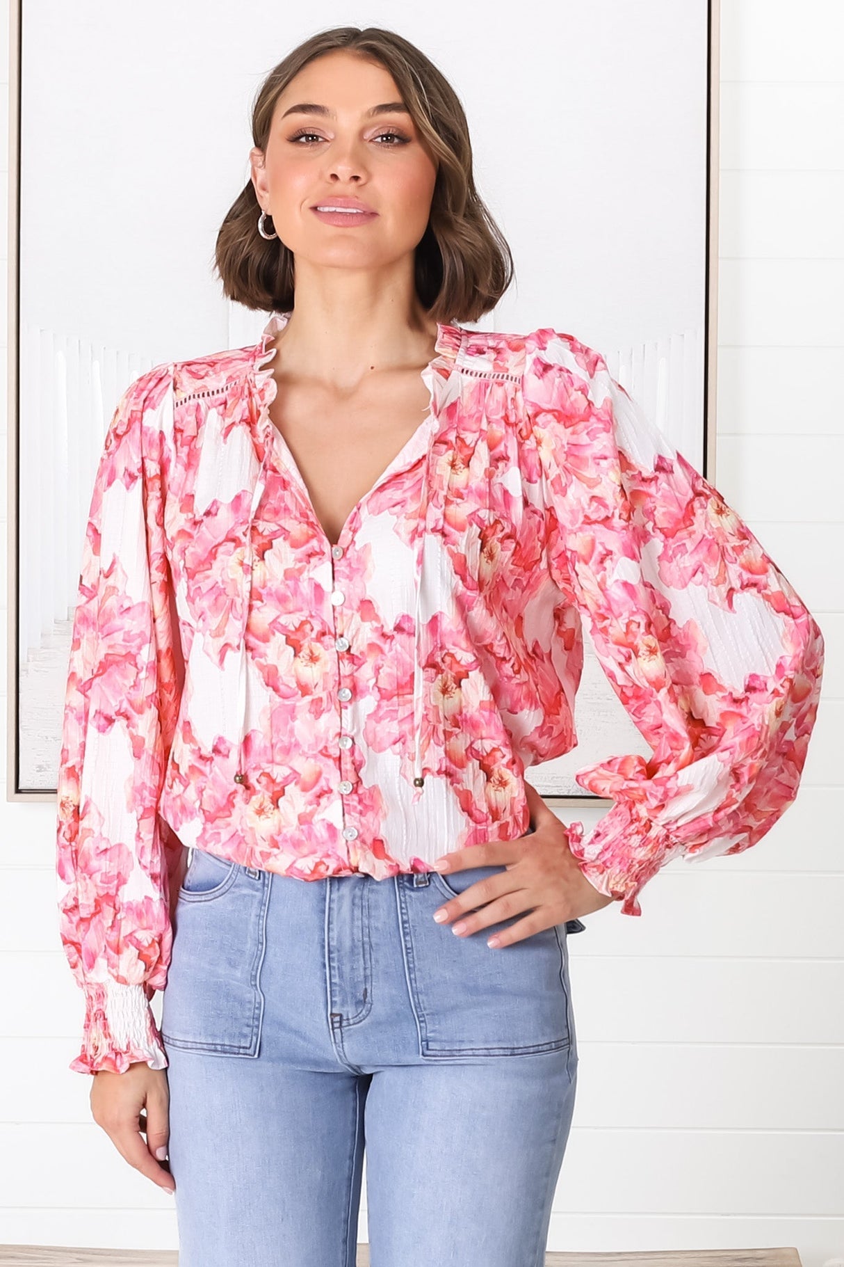 Moree Blouse - Frill Collar Neck Tie Button Down Blouse in Franc Print Pink