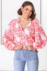 Moree Blouse - Frill Collar Neck Tie Button Down Blouse in Franc Print Pink