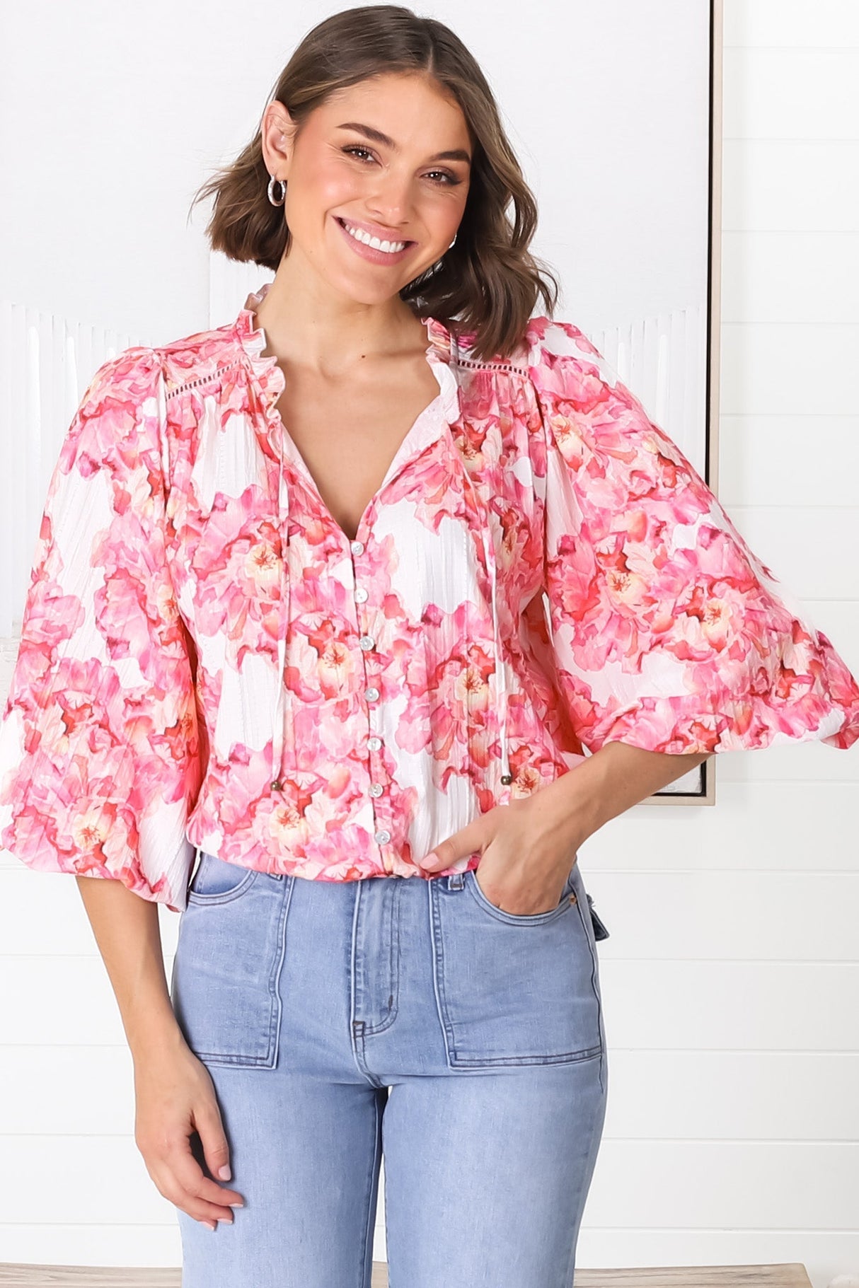 Moree Blouse - Frill Collar Neck Tie Button Down Blouse in Franc Print Pink