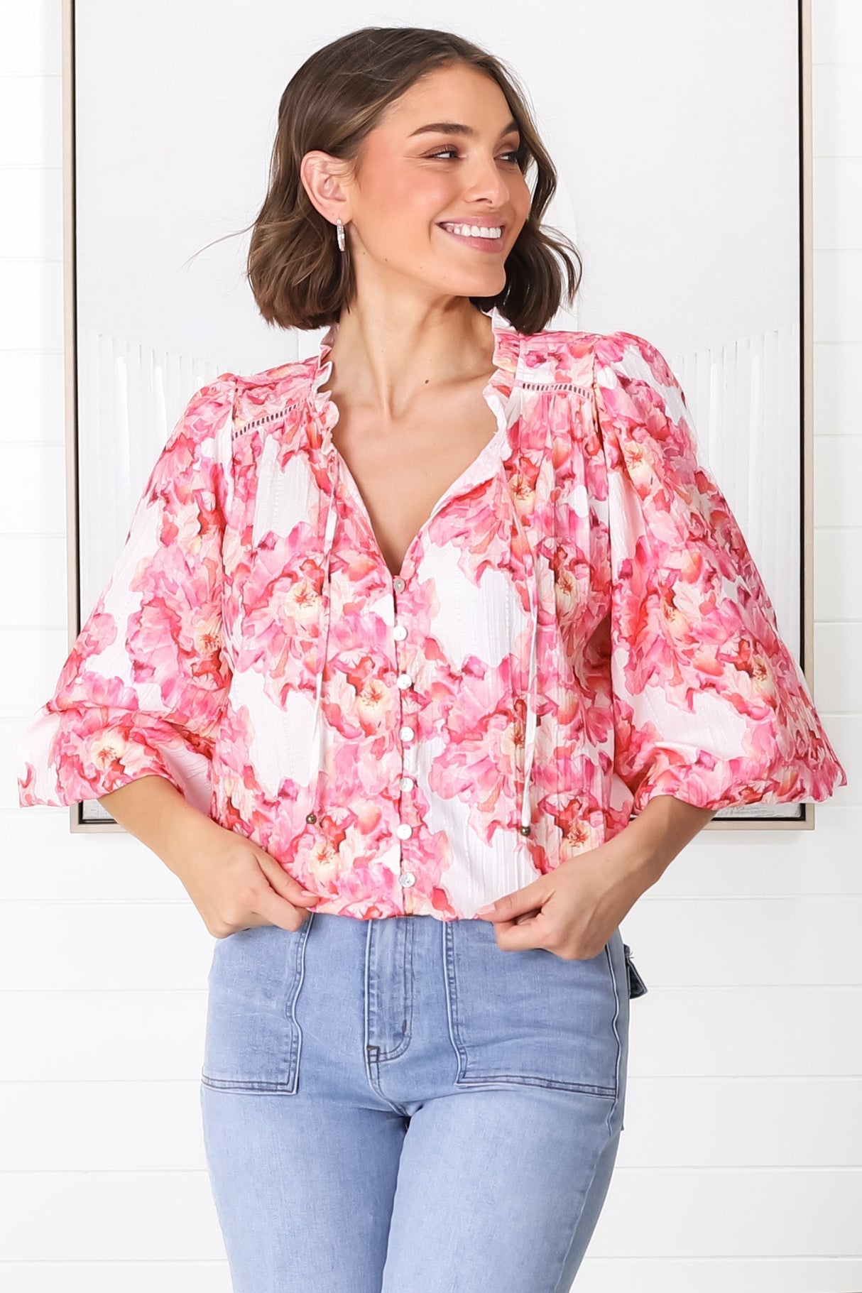 Moree Blouse - Frill Collar Neck Tie Button Down Shirt in Franc Print Pink