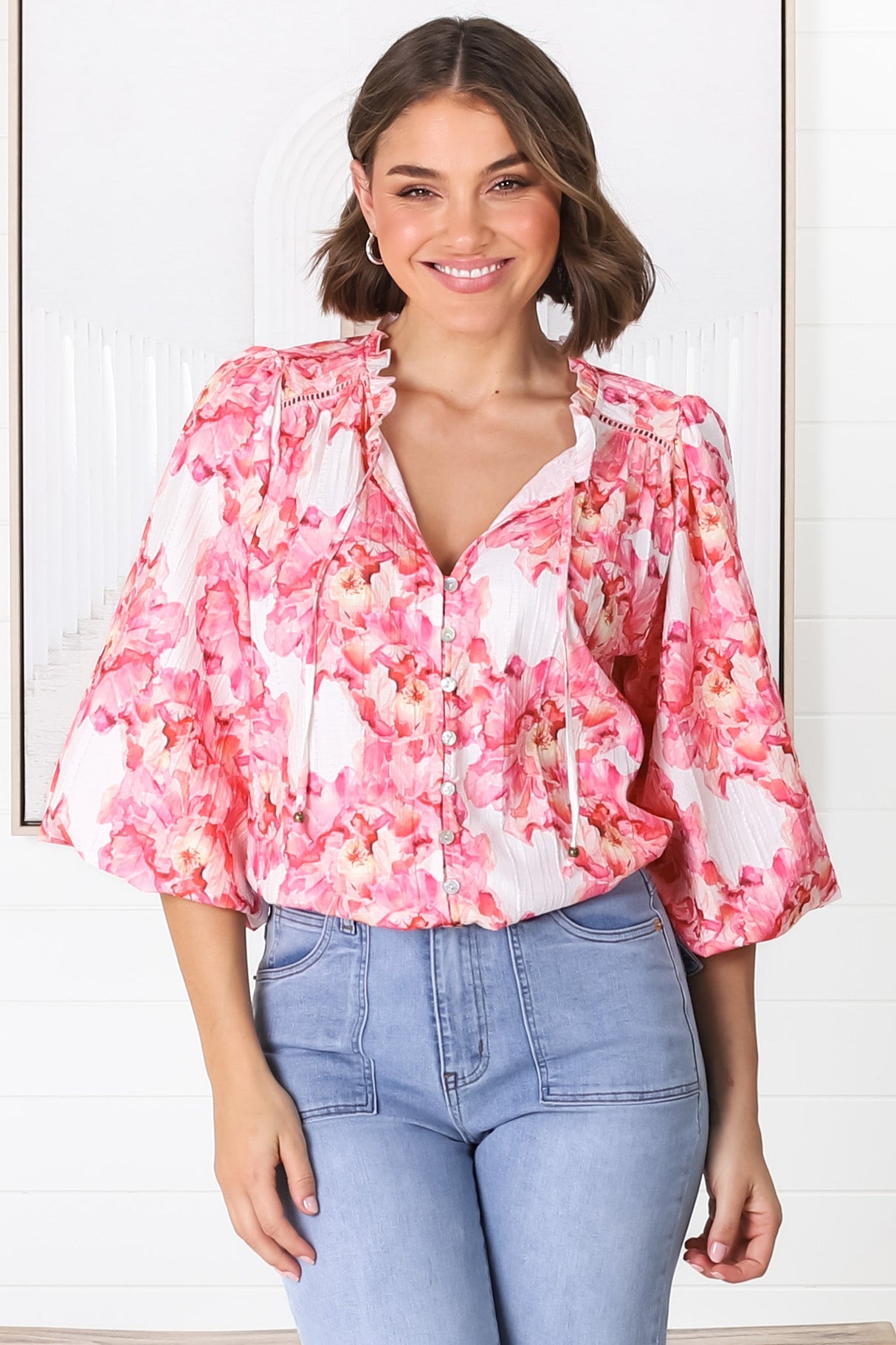 Moree Blouse - Frill Collar Neck Tie Button Down Shirt in Franc Print Pink