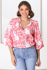 Moree Blouse - Frill Collar Neck Tie Button Down Blouse in Franc Print Pink