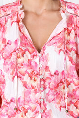 Moree Blouse - Frill Collar Neck Tie Button Down Blouse in Franc Print Pink