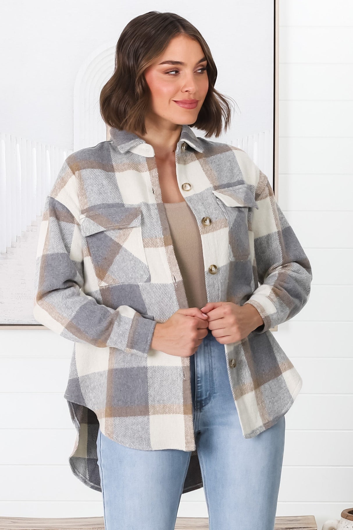 Chara Shacket - Button Up Plaid Shacket in Grey