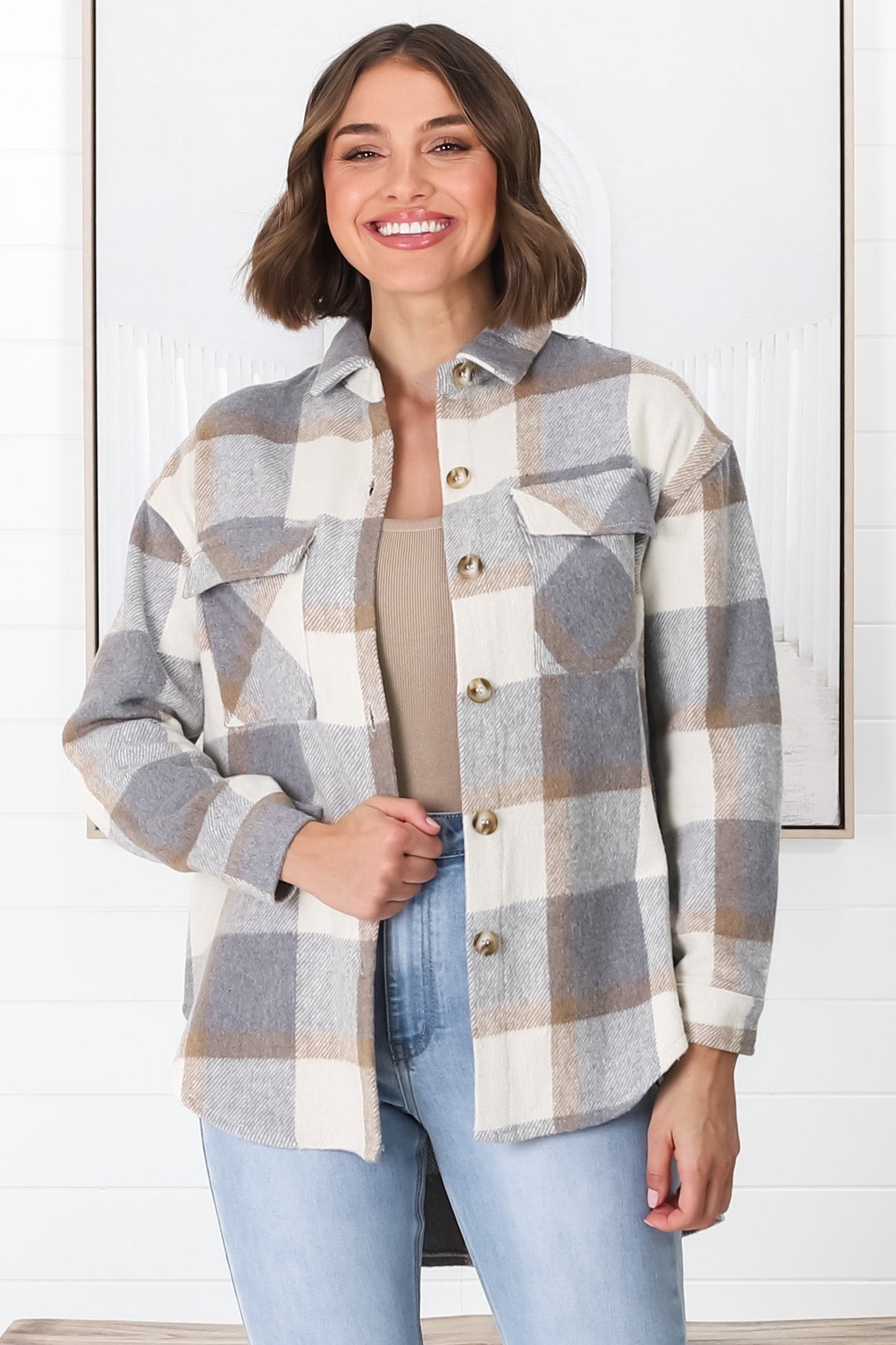 Chara Shacket - Button Up Plaid Shacket in Grey