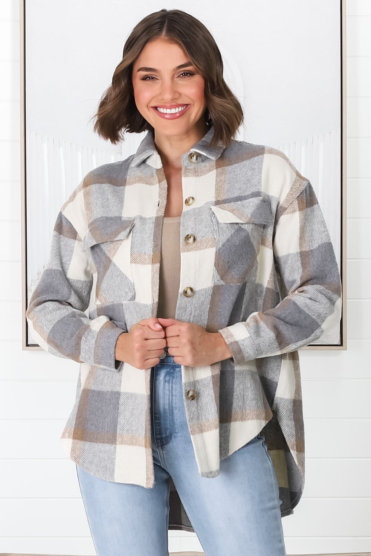 Chara Shacket - Button Up Plaid Shacket in Grey