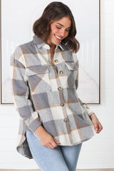 Chara Shacket - Button Up Plaid Shacket in Grey