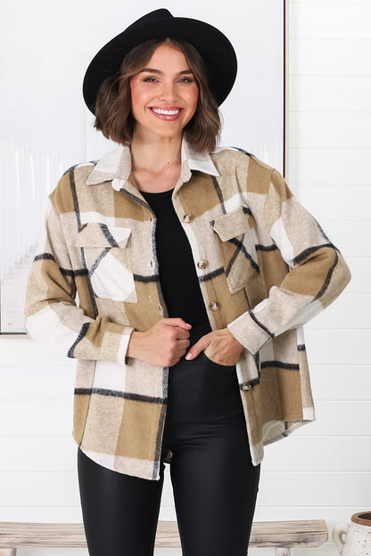 Balta Shacket - Button Up Plaid Shacket in Camel