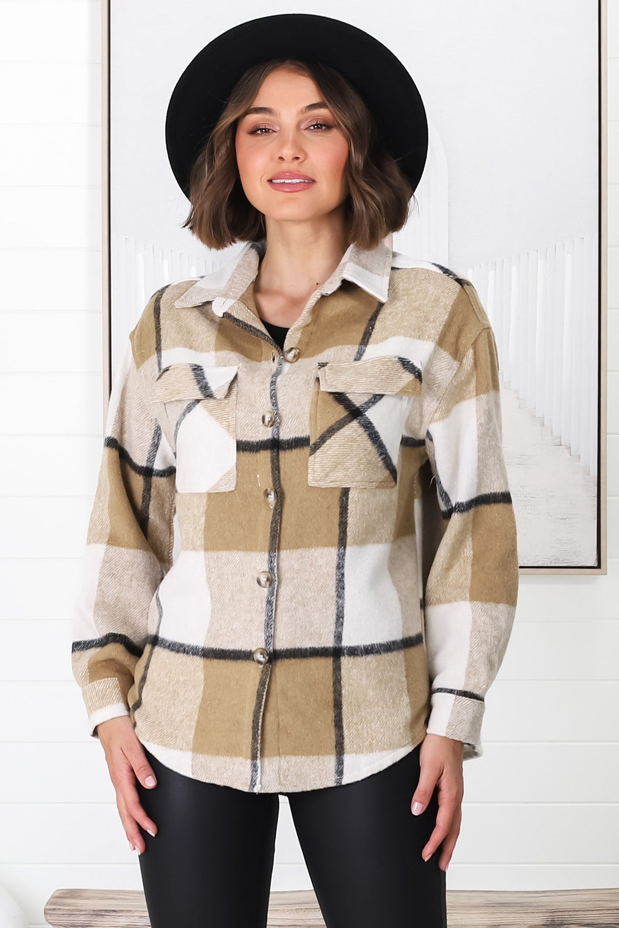 Balta Shacket - Button Up Plaid Shacket in Camel