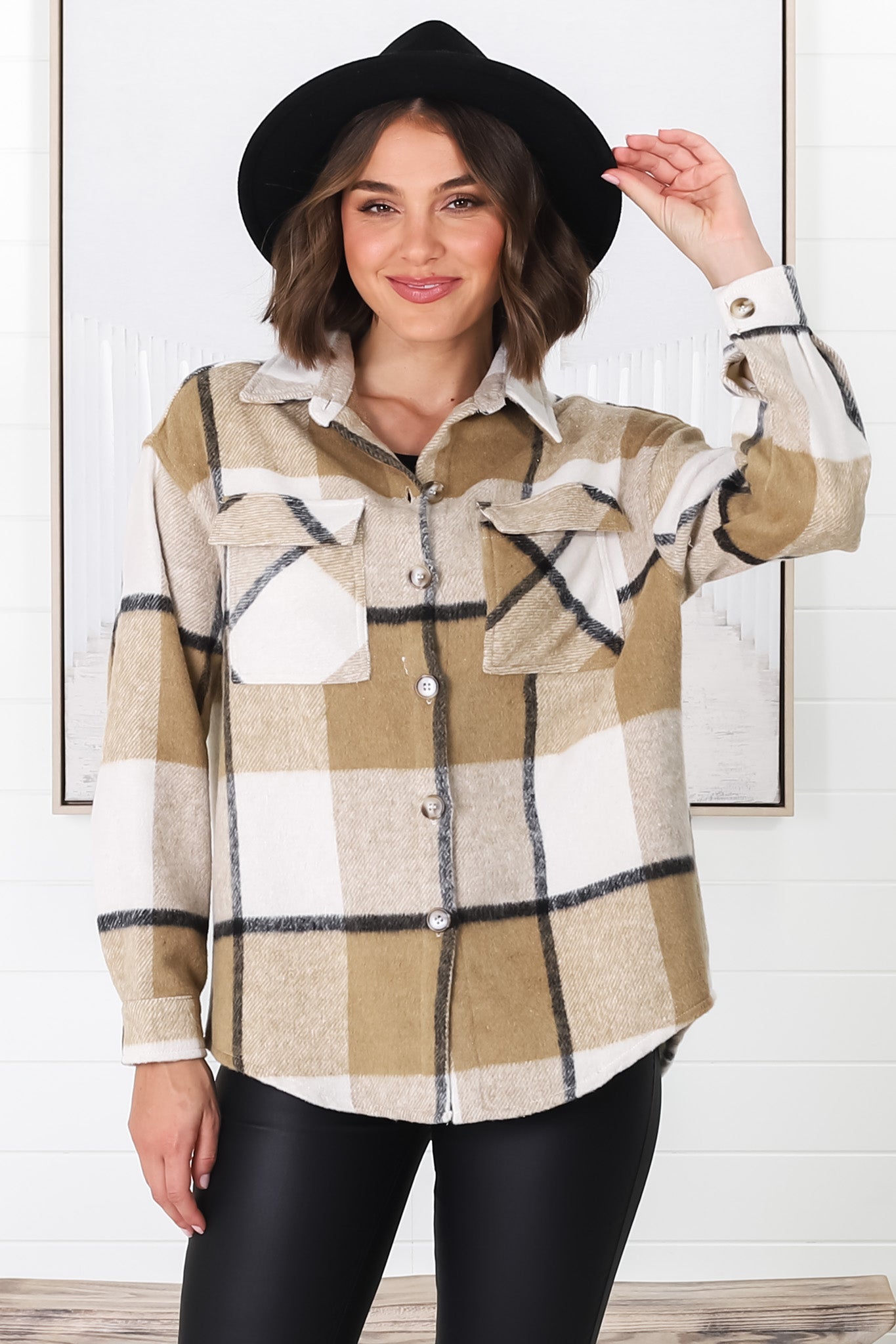 Balta Shacket - Button Up Plaid Shacket in Camel