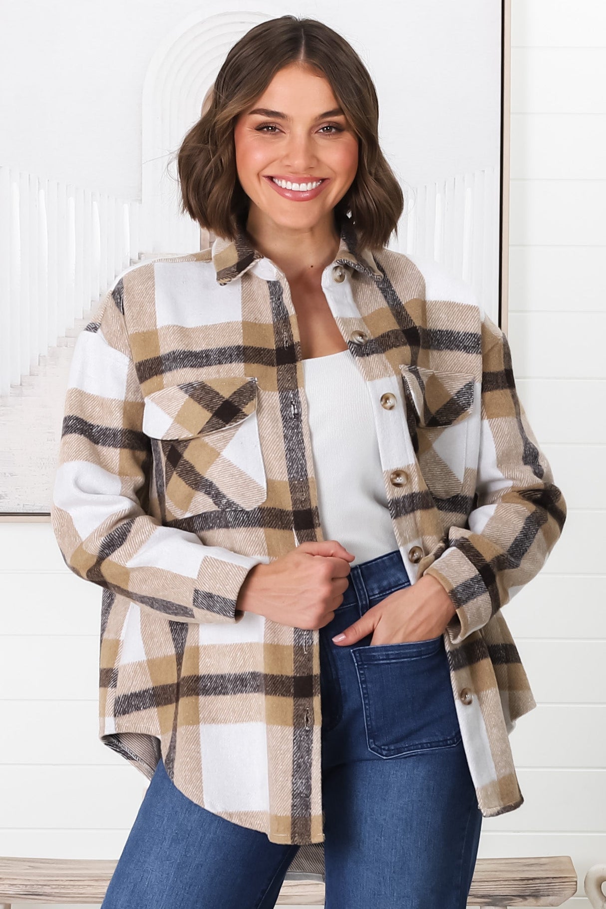 Jayme Shacket -  Button Up Plaid Shacket in Camel