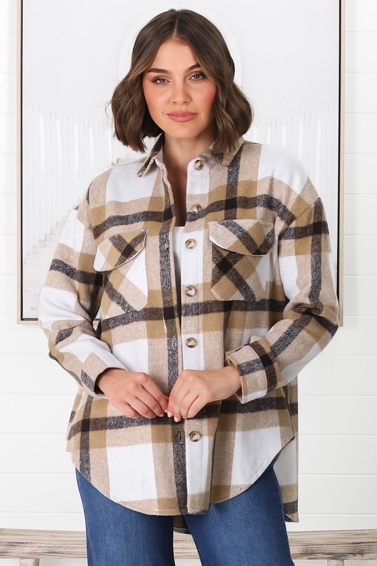 Jayme Shacket -  Button Up Plaid Shacket in Camel