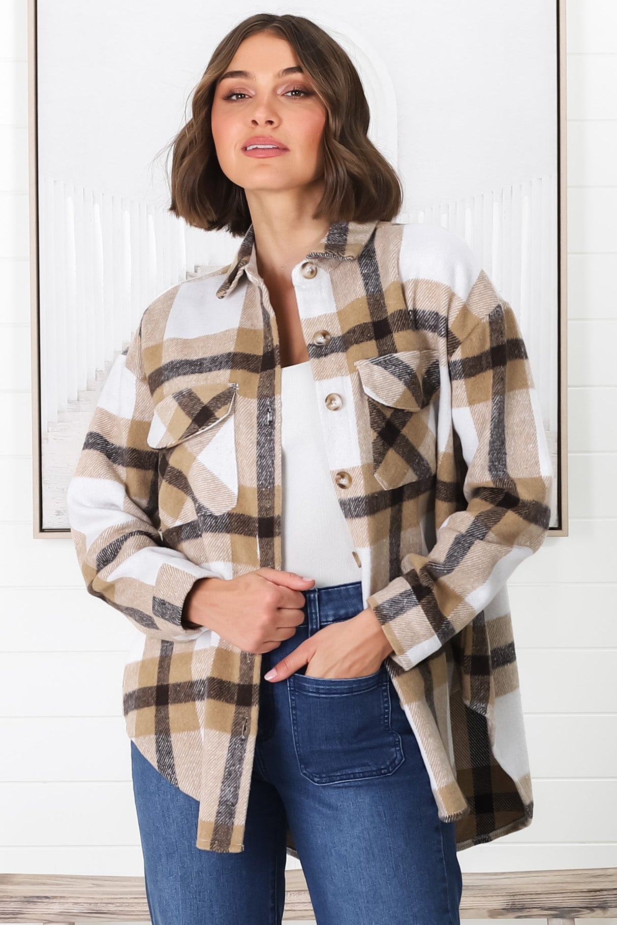 Jayme Shacket -  Button Up Plaid Shacket in Camel