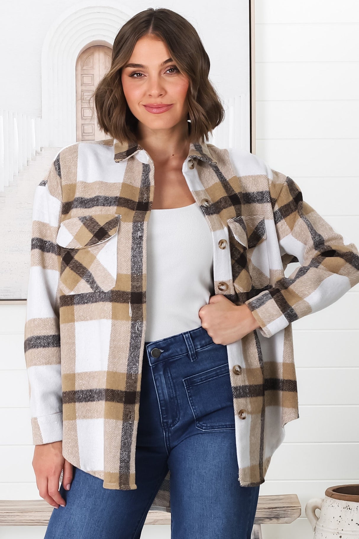 Jayme Shacket -  Button Up Plaid Shacket in Camel