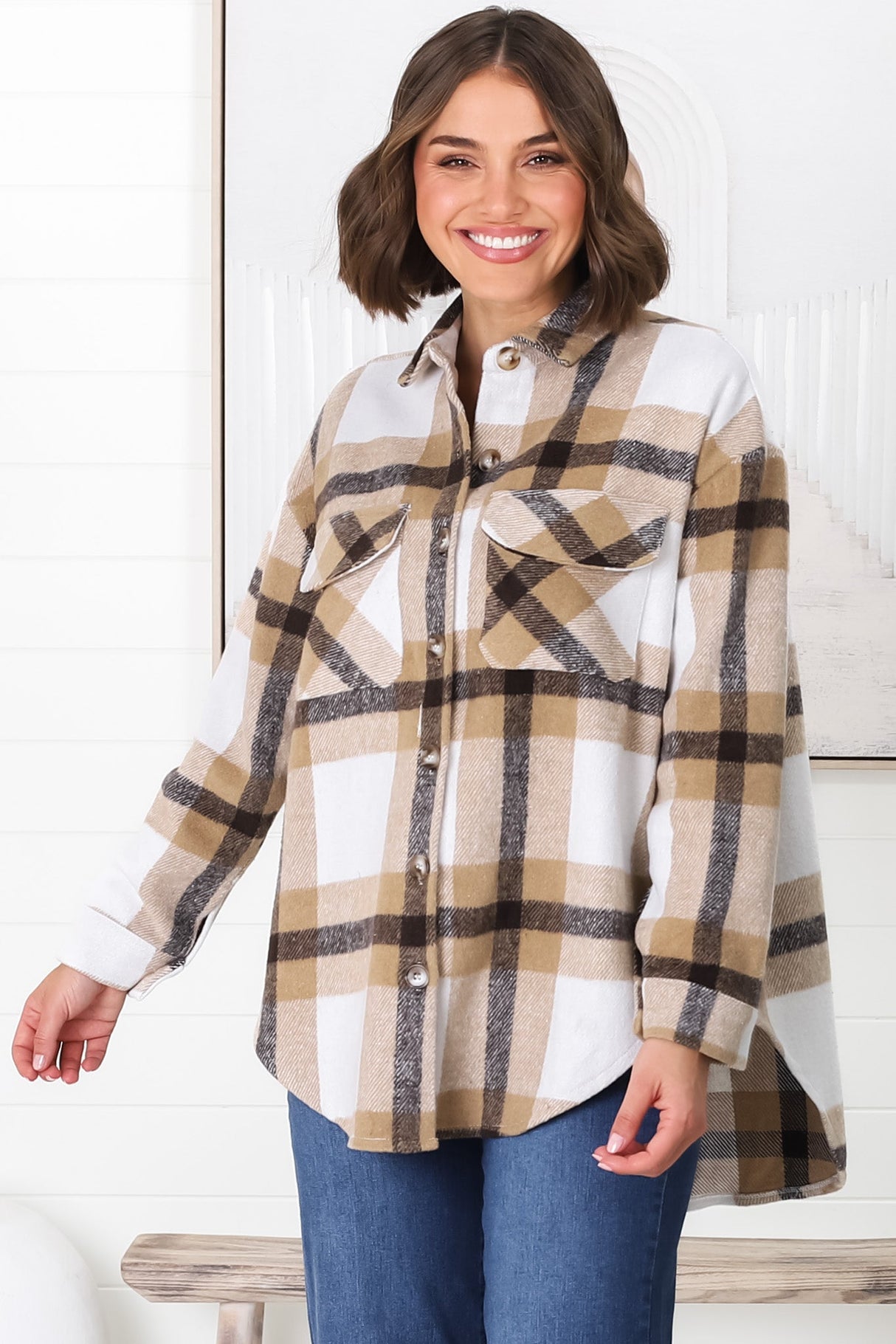 Jayme Shacket -  Button Up Plaid Shacket in Camel