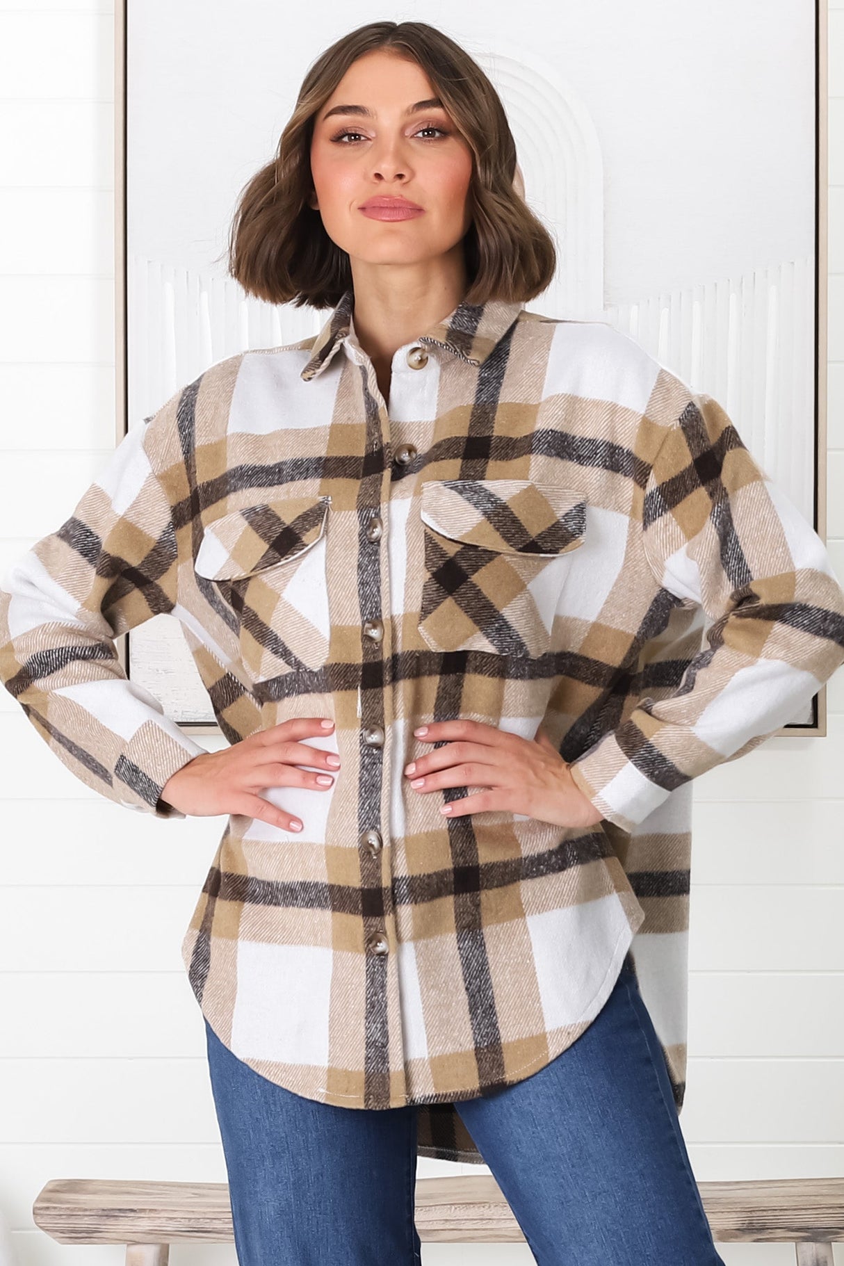 Jayme Shacket -  Button Up Plaid Shacket in Camel