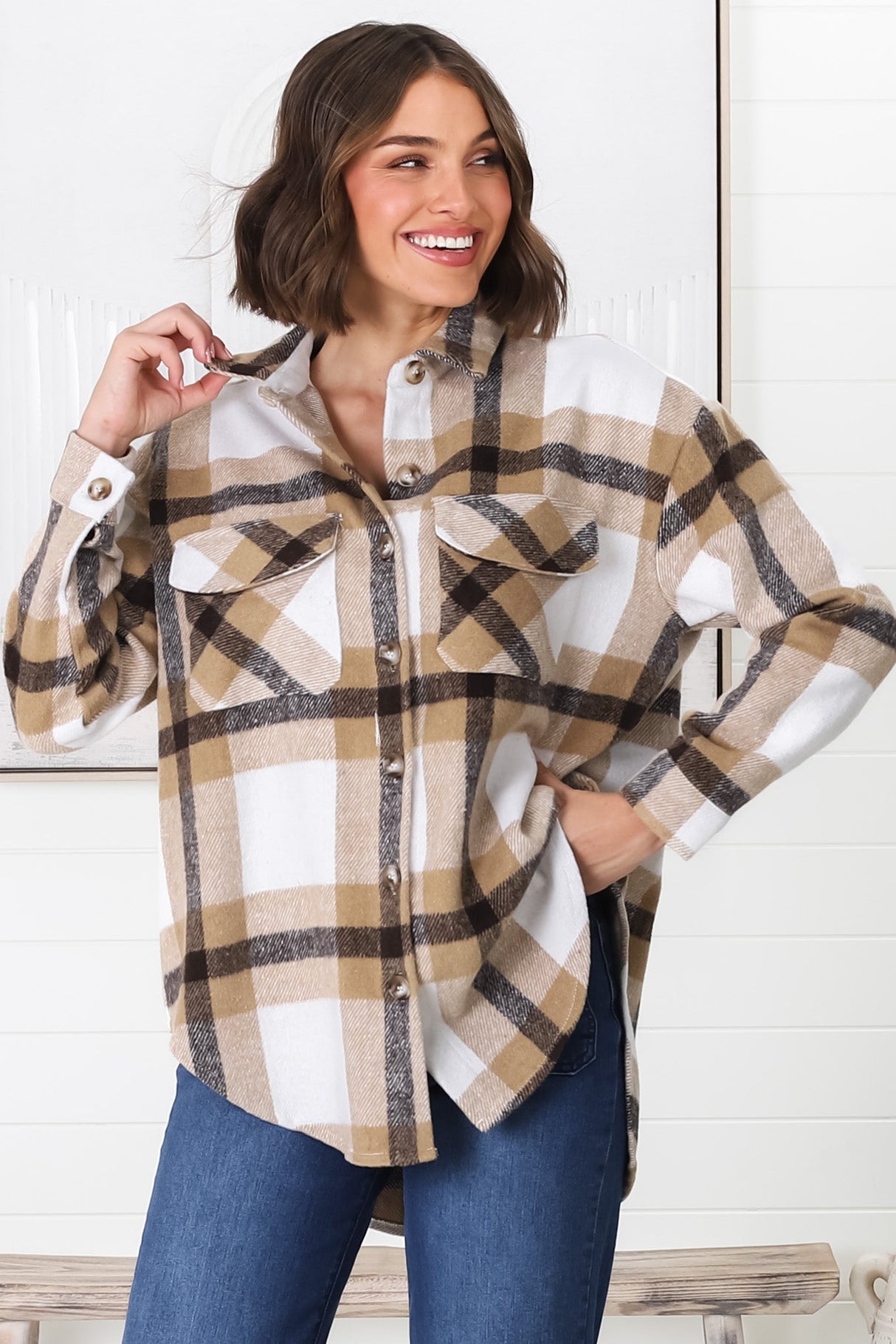 Jayme Shacket -  Button Up Plaid Shacket in Camel