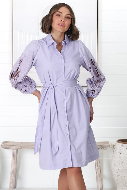Lorie Mini Dress - Embellised Balloon Sleeve Button Down Dress in Lilac