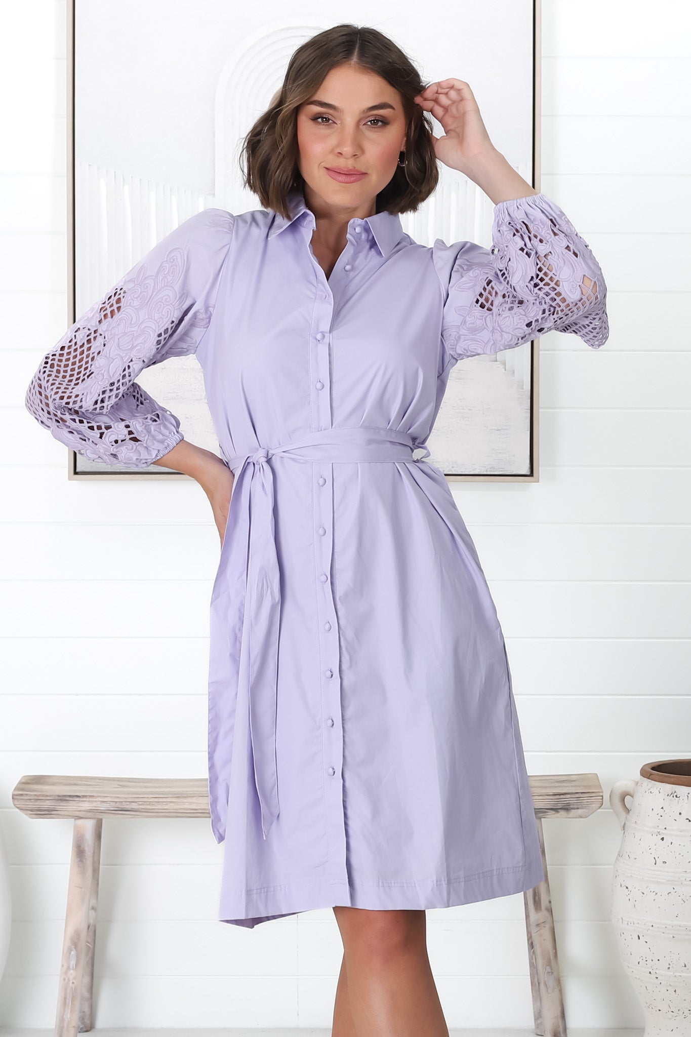 Lorie Mini Dress - Embellised Balloon Sleeve Button Down Dress in Lilac