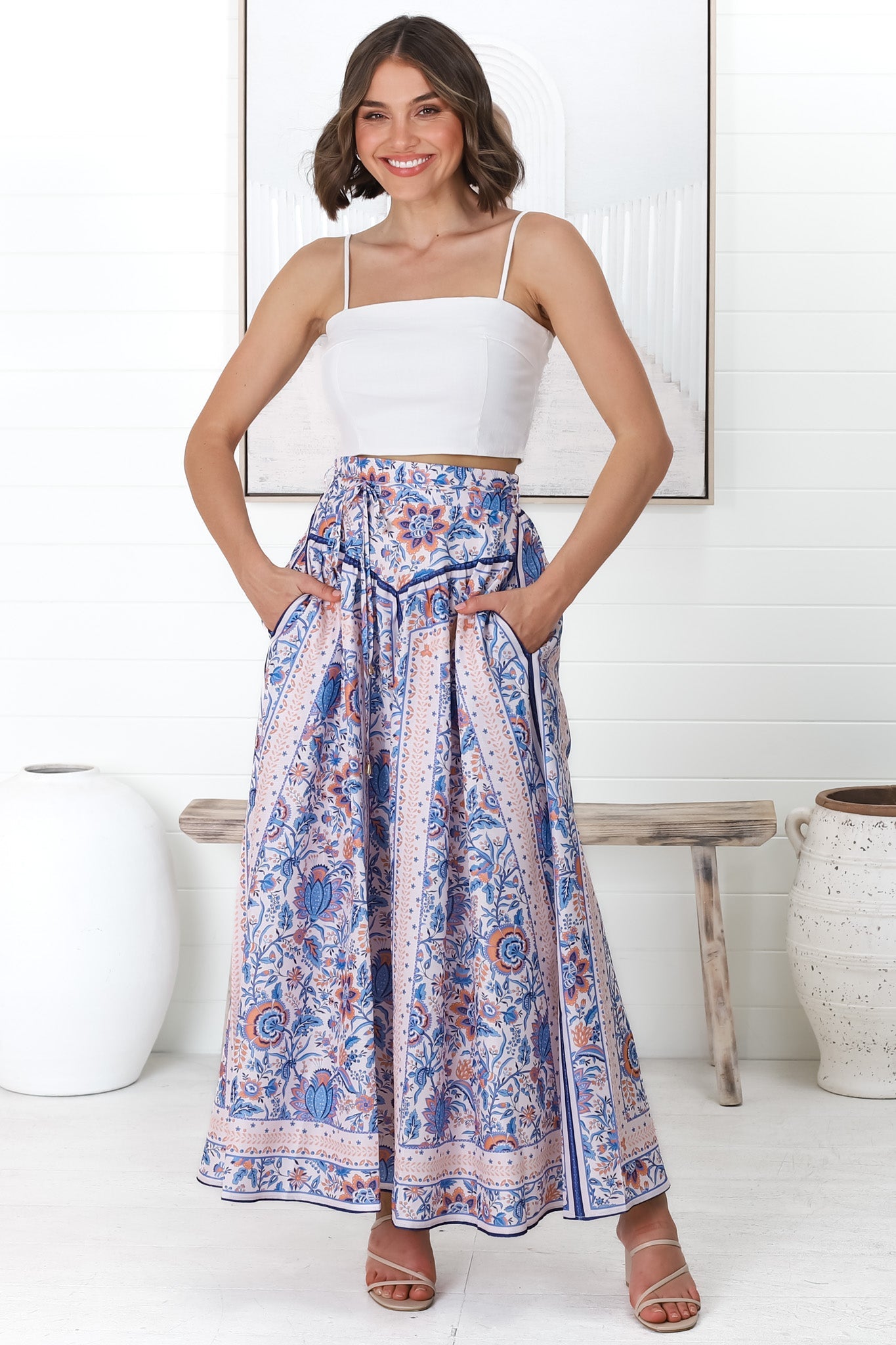 Natalie Maxi Skirt - High Waist Cotton Blend Paisley Skirt in Ocean Soul Print