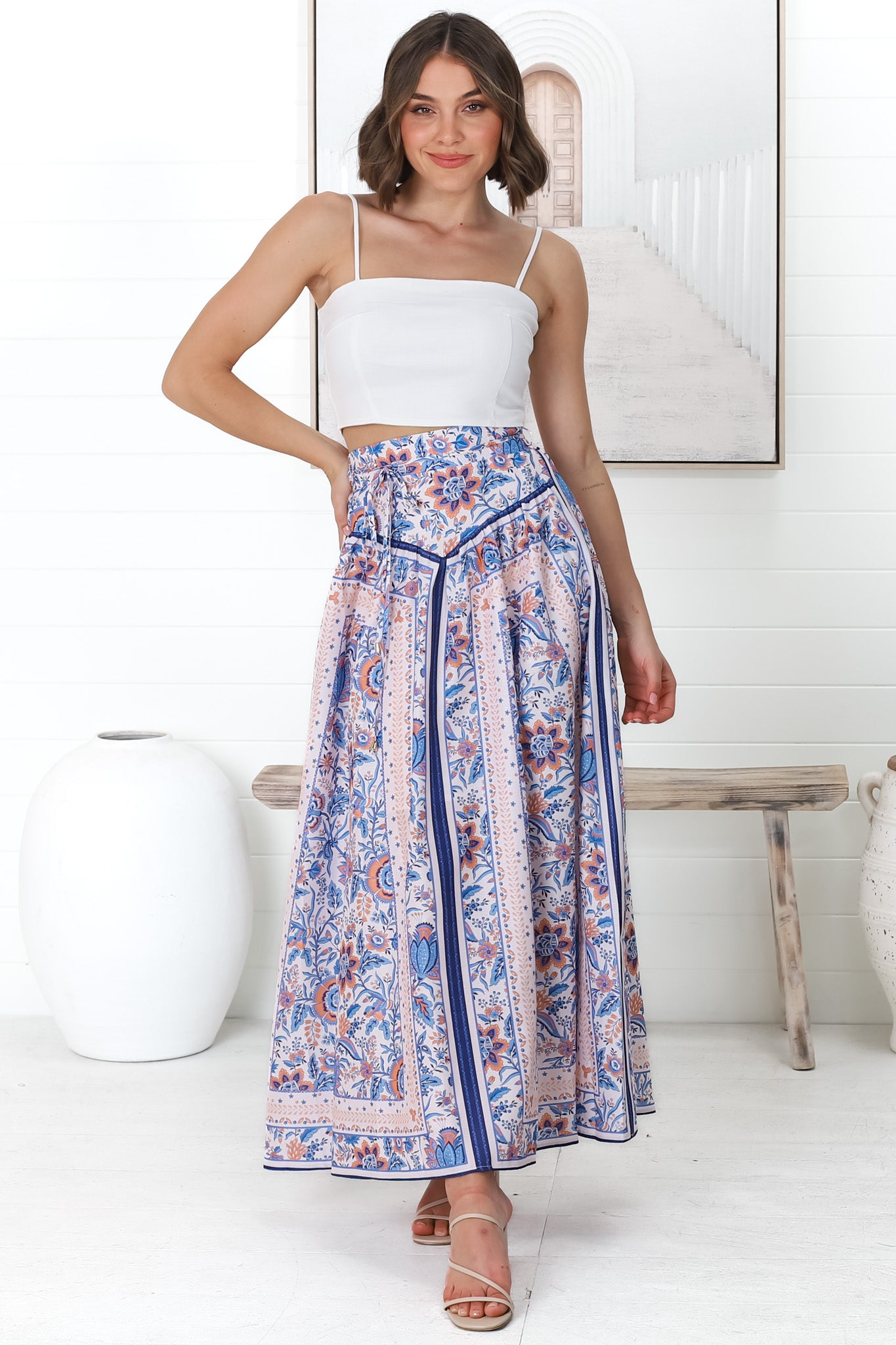 Natalie Maxi Skirt - High Waist Cotton Blend Paisley Skirt in Ocean Soul Print