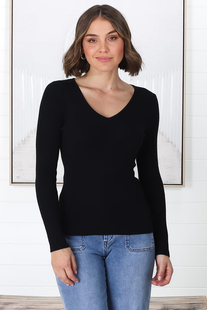 Rowland Knit Top - Ribbed V Neck Knit Top in Black