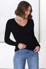 Rowland Knit Top - Ribbed V Neck Knit Top in Black