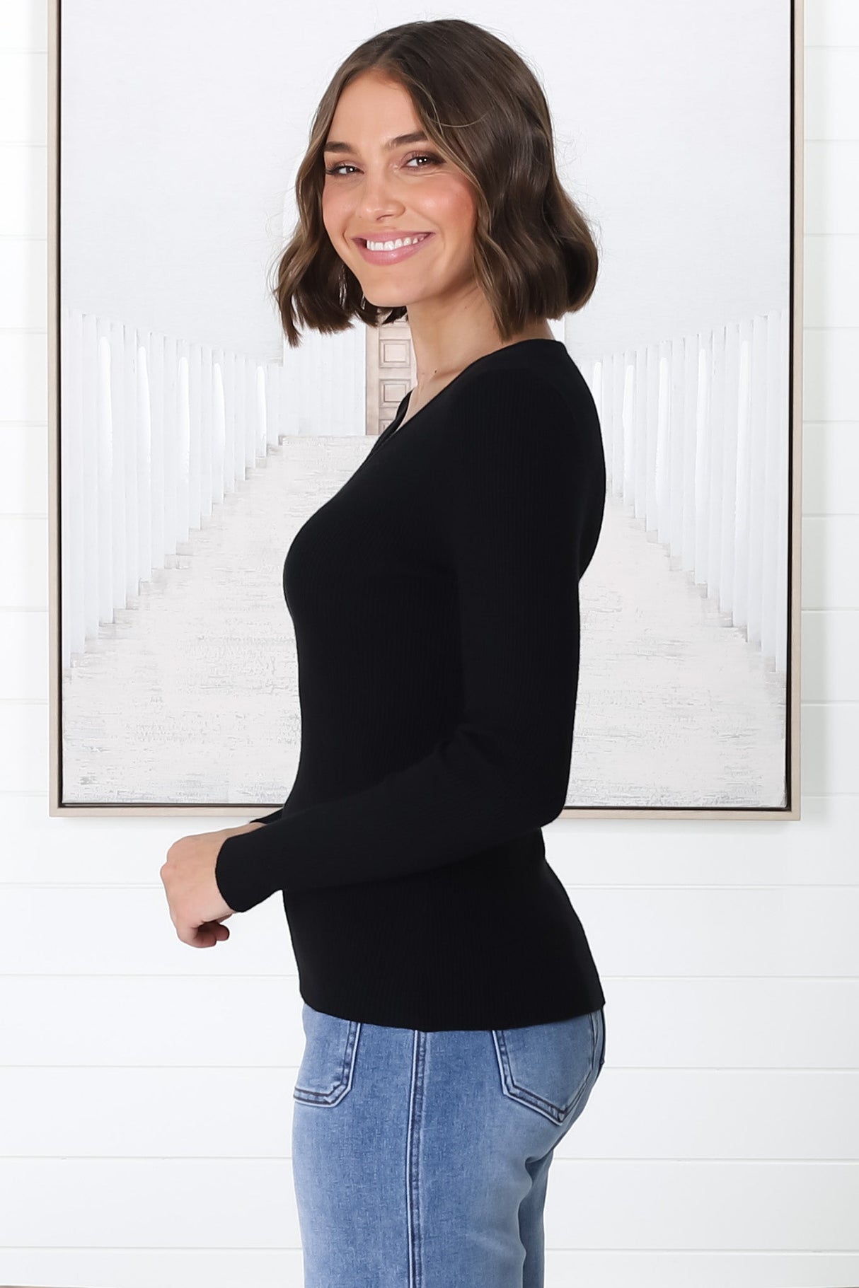 Rowland Knit Top - Ribbed V Neck Knit Top in Black