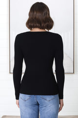 Rowland Knit Top - Ribbed V Neck Knit Top in Black