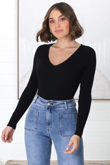 Rowland Knit Top - Ribbed V Neck Knit Top in Black