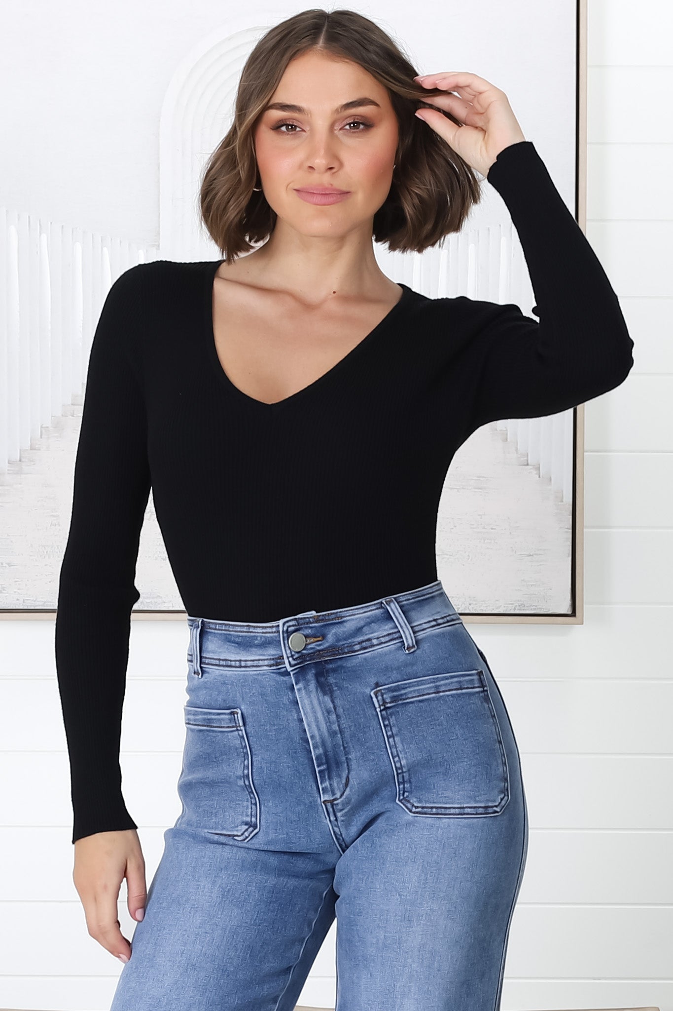 Rowland Knit Top - Ribbed V Neck Knit Top in Black