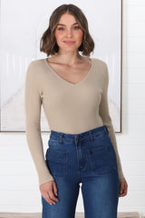 Rowland Knit Top - Ribbed V Neck Knit Top in Beige