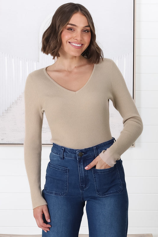 Rowland Knit Top - Ribbed V Neck Knit Top in Beige